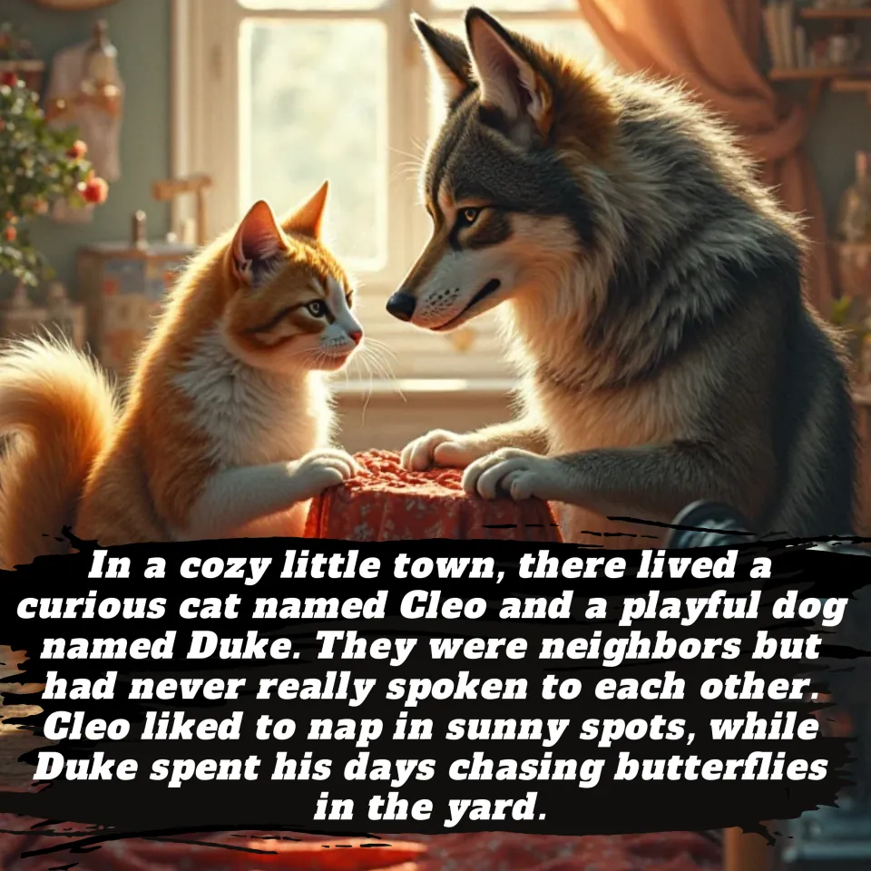 Story opening: students read how cat Cleo and dog Duke are neighbors who never spoke; art of a cat and a wolf-like dog
