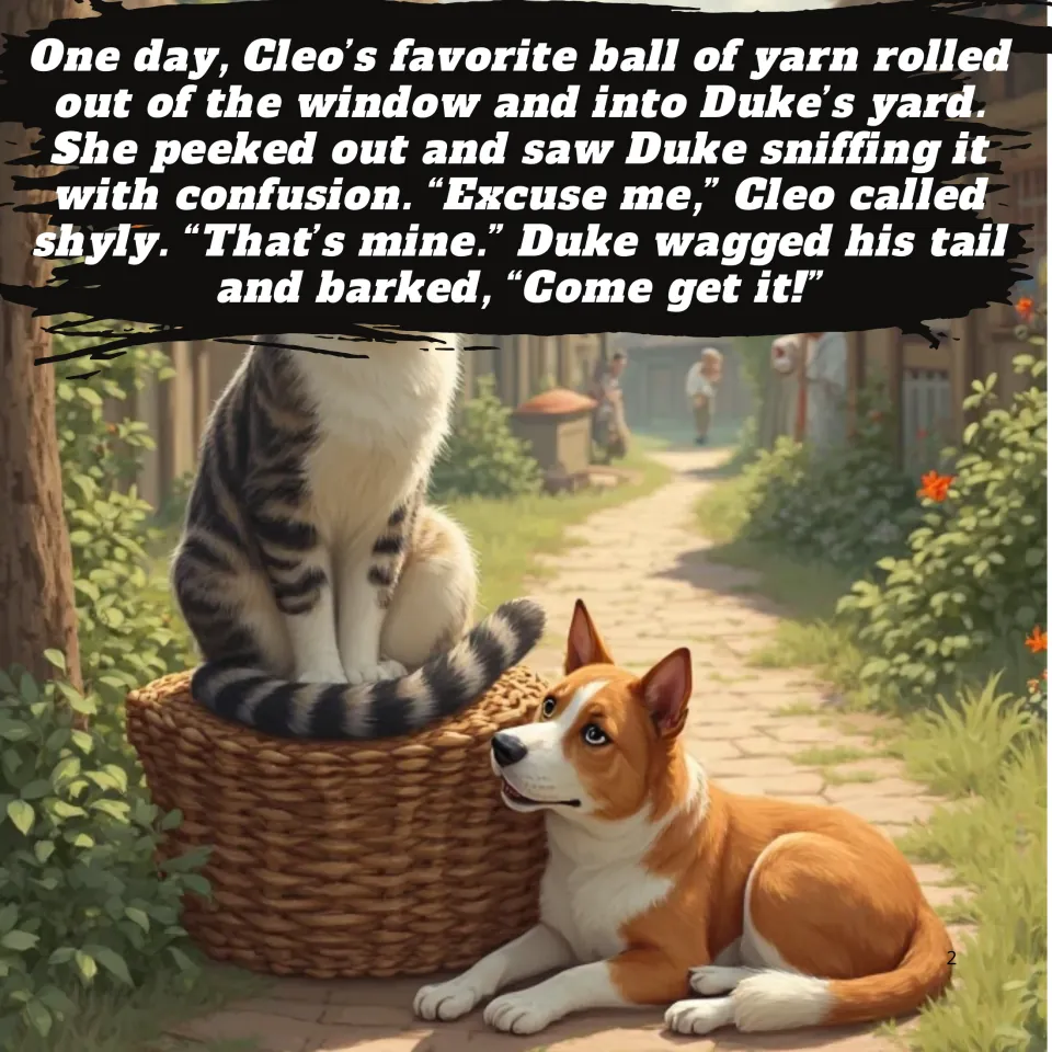 Story page 2: Cleo's yarn rolls into Duke's yard and she shyly asks for it back; art of a tabby cat on a basket and a dog
