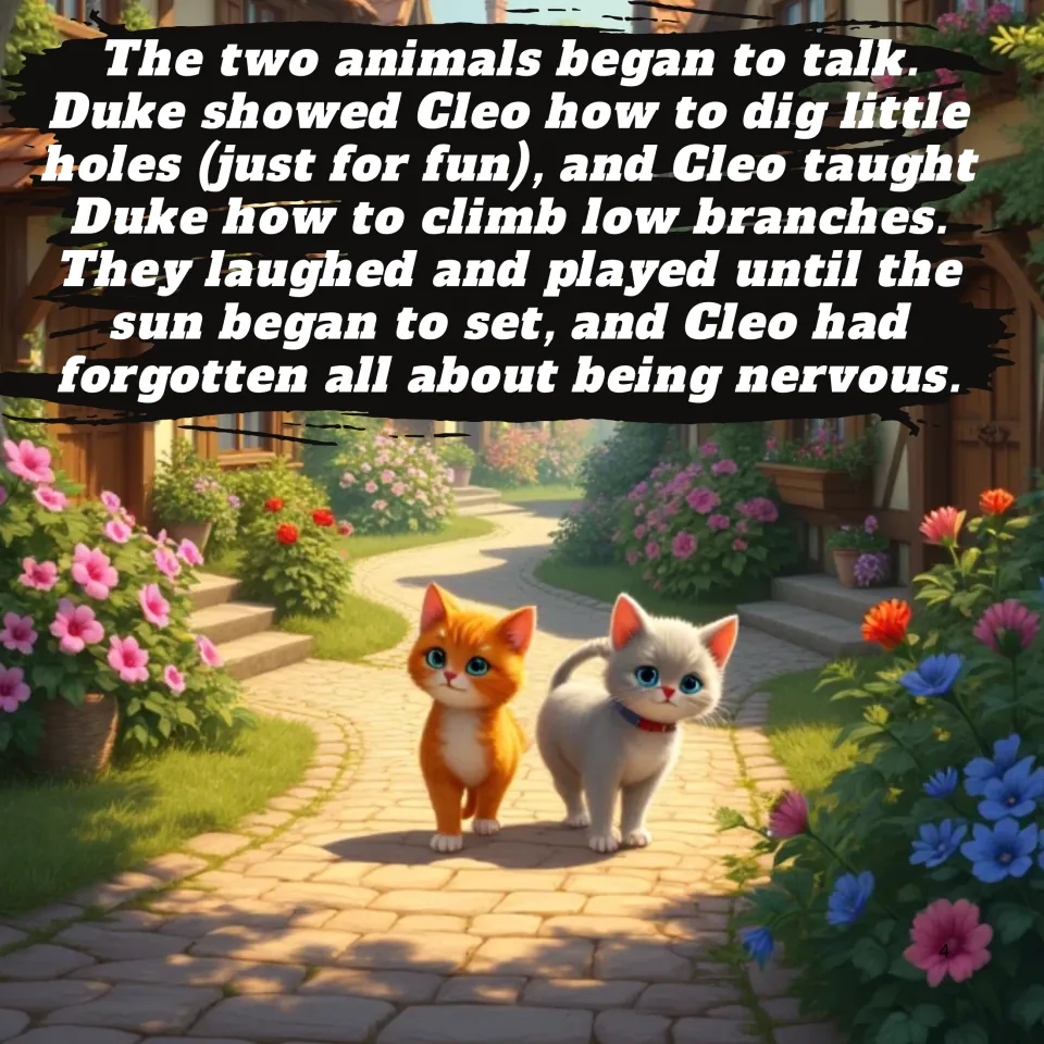 Story page 4: Duke teaches Cleo to dig and Cleo teaches him to climb as they play till sunset; art of two kittens on a path