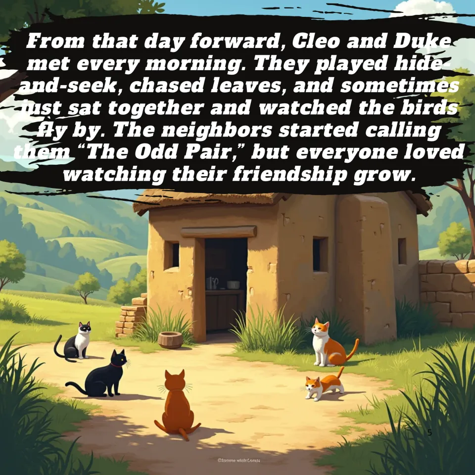 Story page 5: Cleo and Duke meet each morning and the neighbors call them The Odd Pair; art of cats outside a clay hut