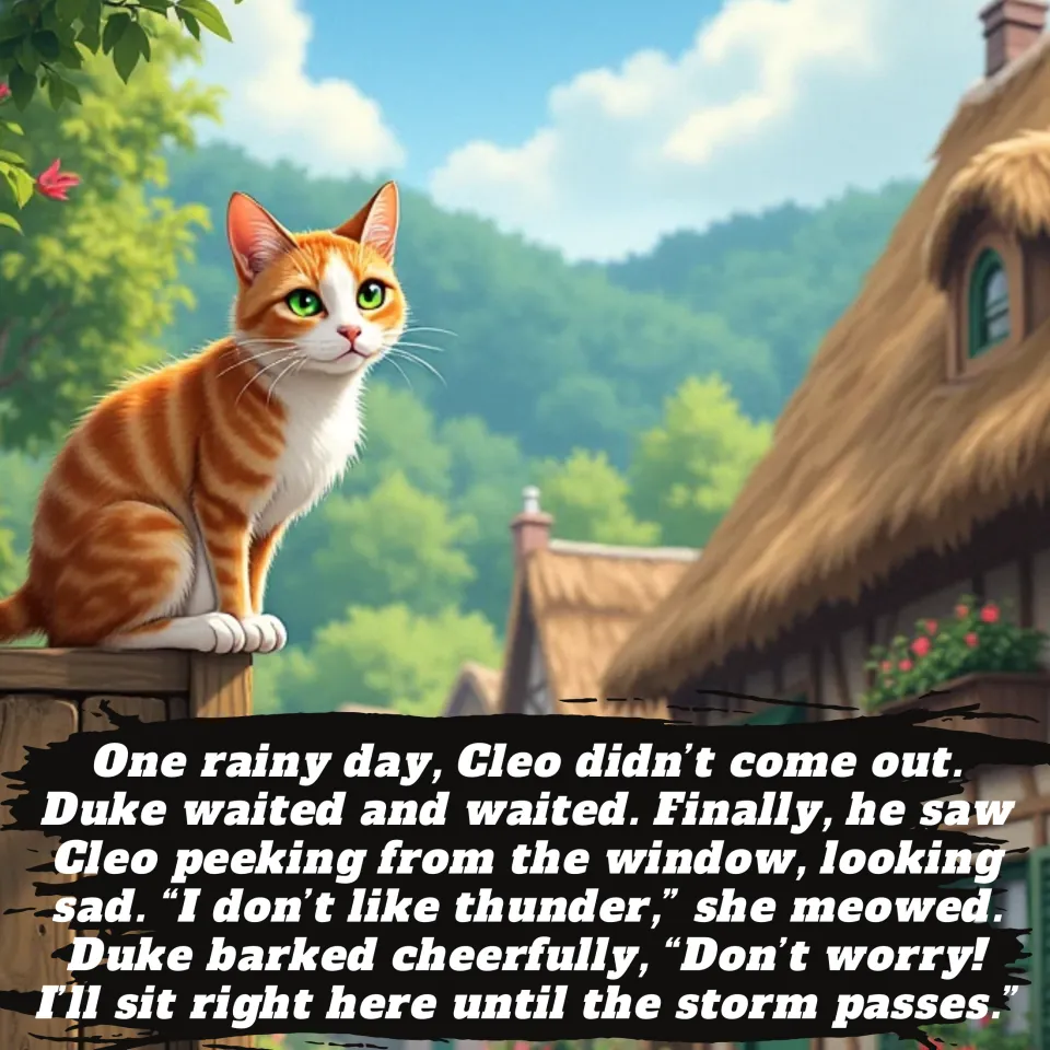 Story page 6: on a rainy day Cleo fears thunder and Duke promises to wait out the storm; art of an orange cat on a fence