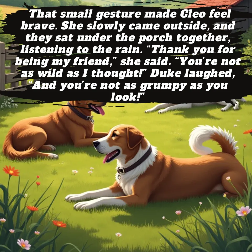 Story page 7: Cleo and Duke sit under the porch in the rain and Cleo thanks Duke for being her friend; art of two dogs