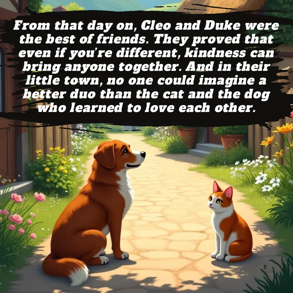 Story ending: Cleo and Duke become best friends, showing kindness brings different animals together; art of a dog and cat