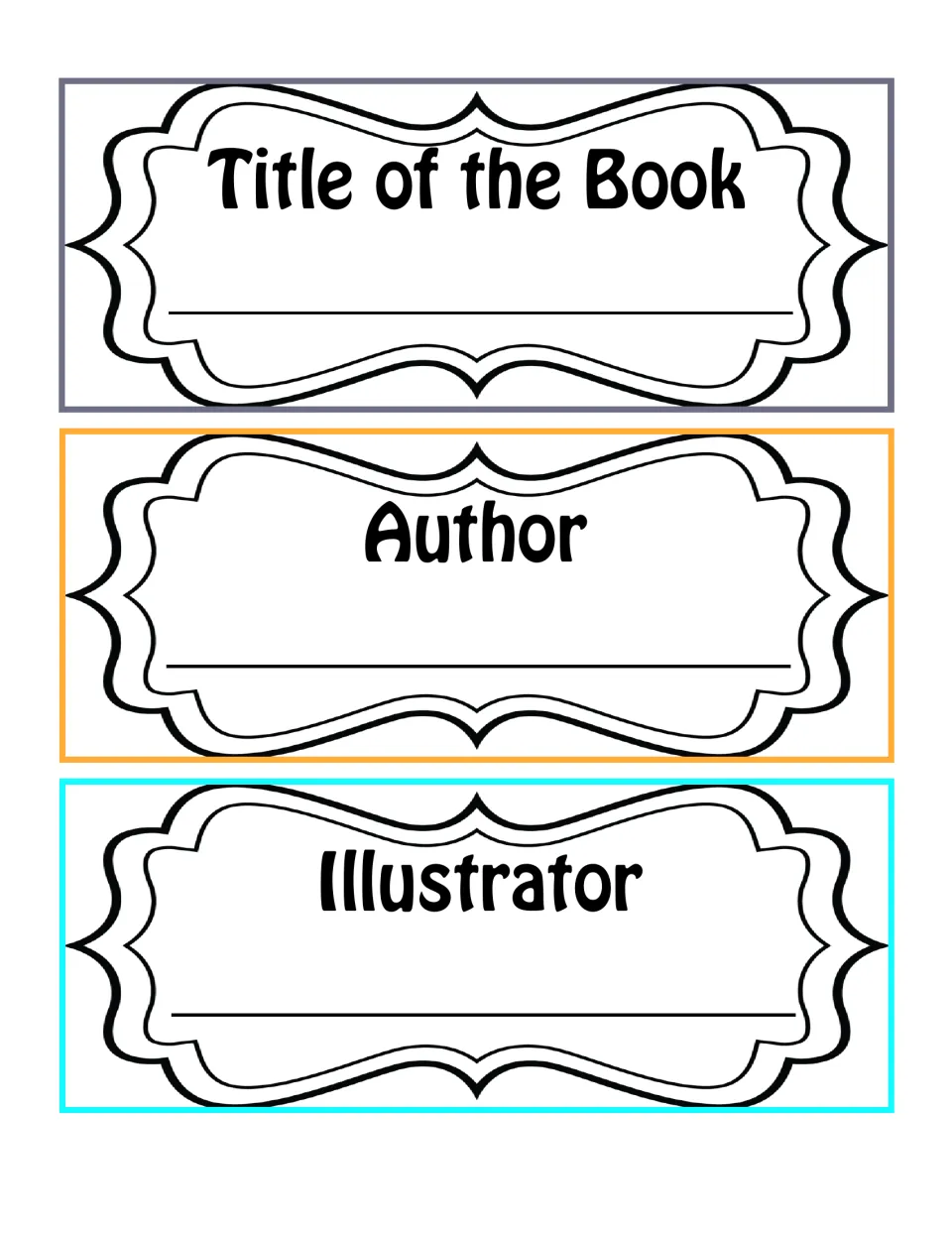 Book information cards 1–3 of the reading activity: Title of the Book, Author, and Illustrator prompts