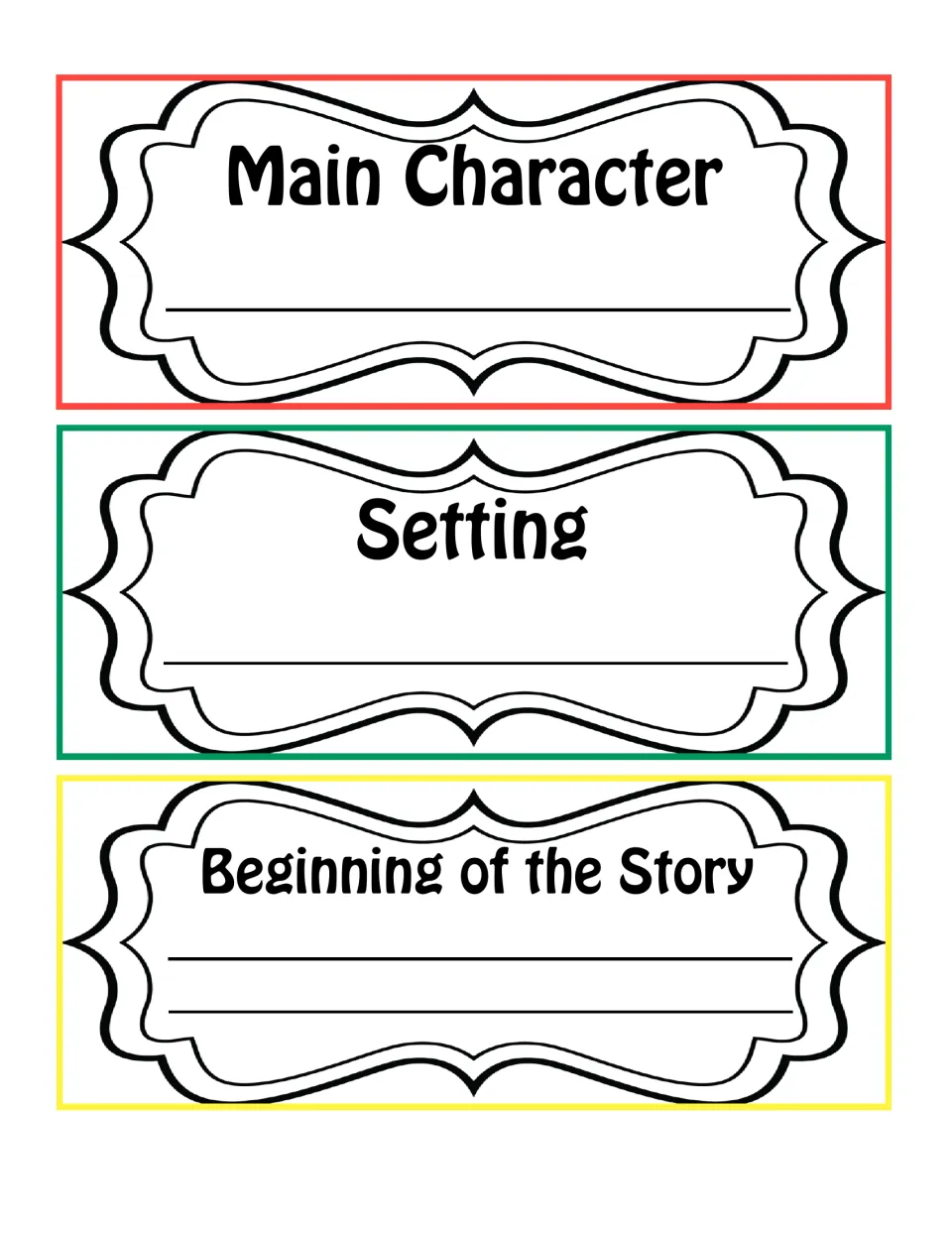 Story element cards 4–6 of the reading activity: Main Character, Setting, and Beginning of the Story