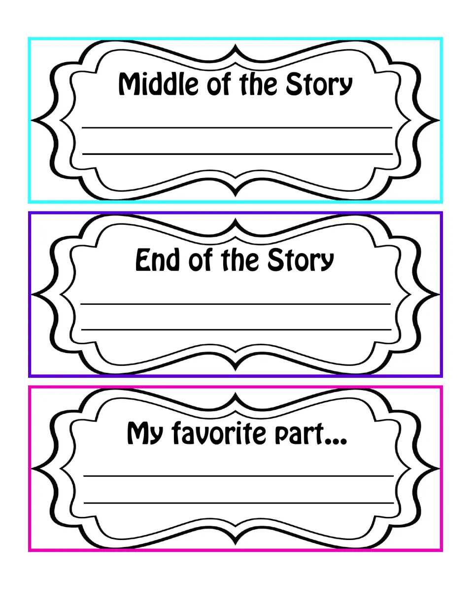 Reading response cards 7–9: Middle of the Story, End of the Story, and My favorite part writing prompts