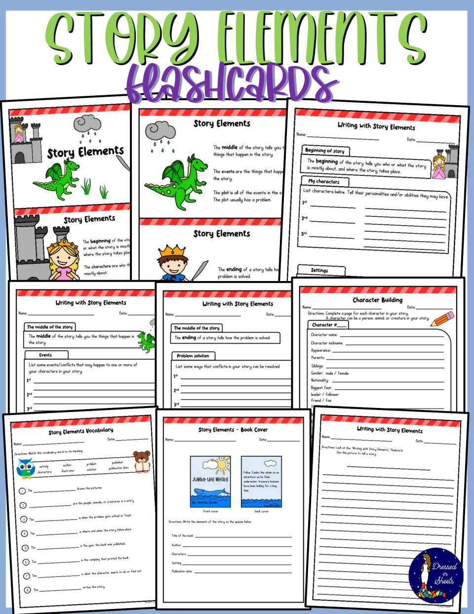Story Elements Flashcards cover showing the flashcards plus writing, character, vocabulary and book cover worksheets