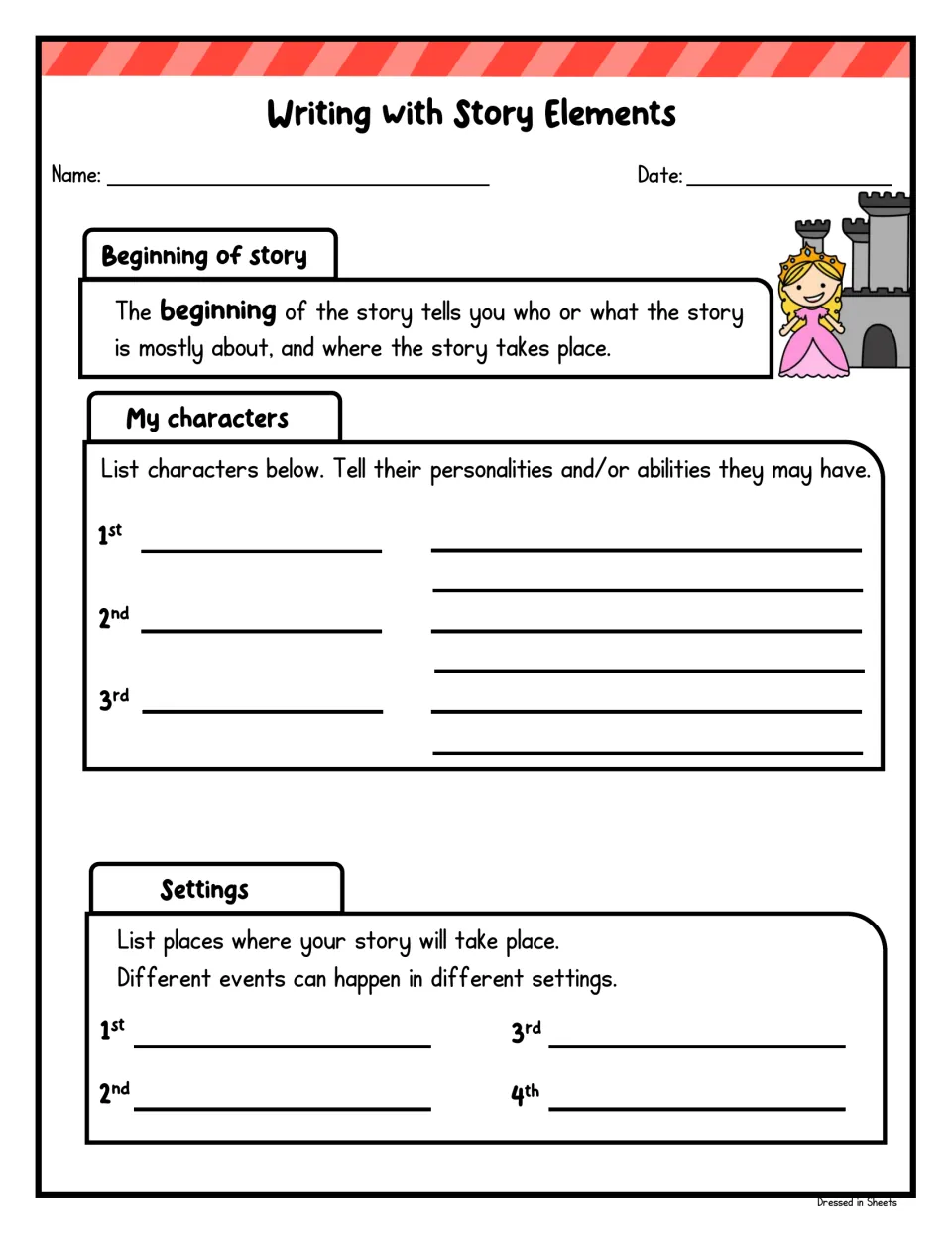Writing with story elements, beginning: students list three characters with their personalities and four settings