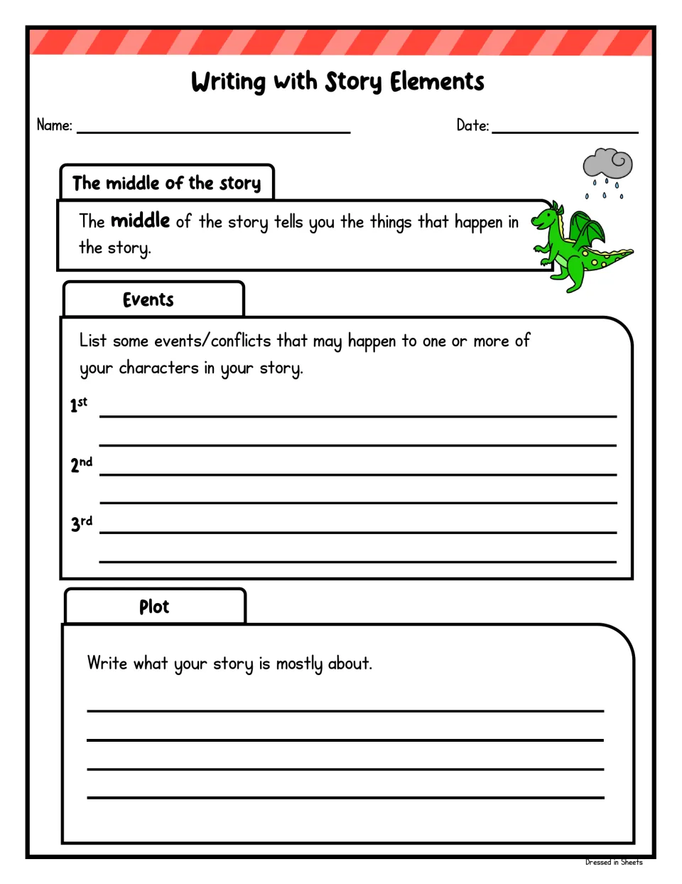 Story planning for the middle: students list three events or conflicts for their characters and write what the plot is