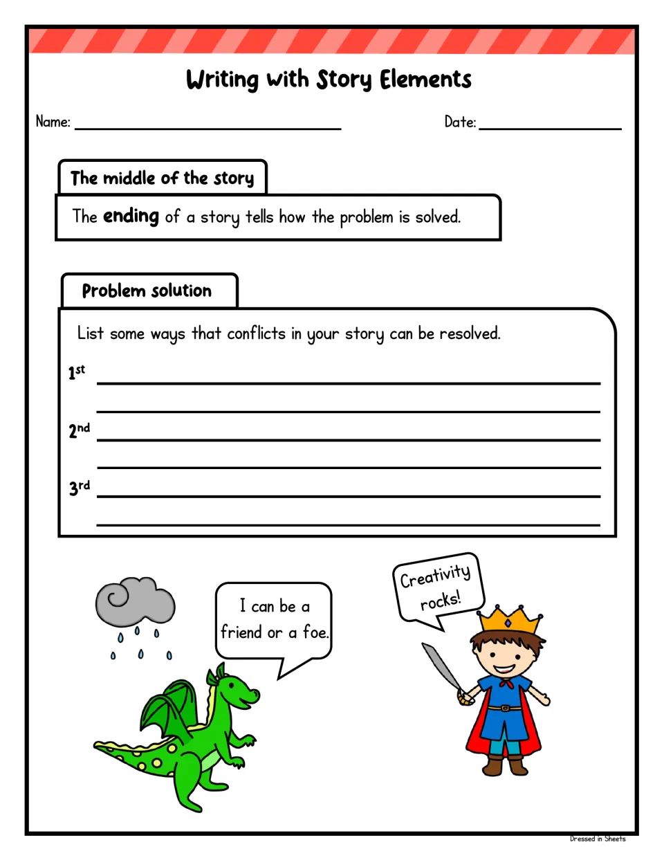 Story planning for the ending: students list three ways the conflicts in their story can be resolved