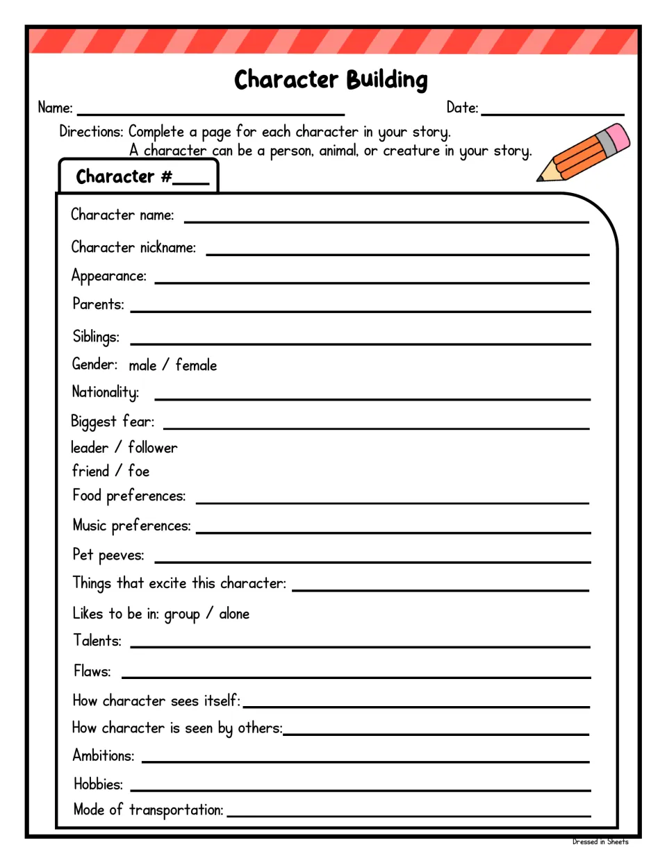 Character building profile: students record a character's name, appearance, fears, talents, flaws, hobbies and ambitions
