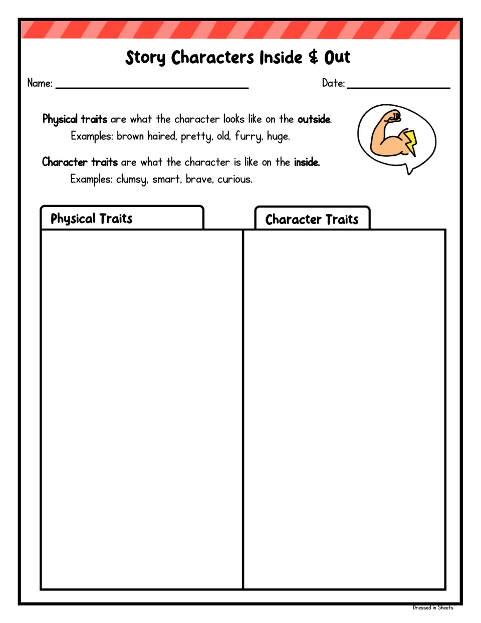 Story characters inside and out: students list a character's physical traits and character traits separately