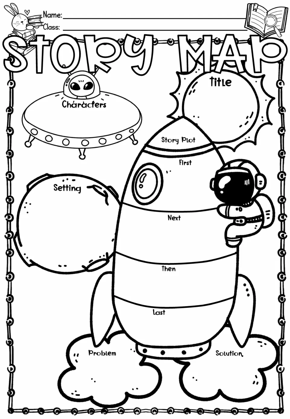 Story map 8: Story Plot uses First, Next, then, and Last, with title, characters, setting, and two more