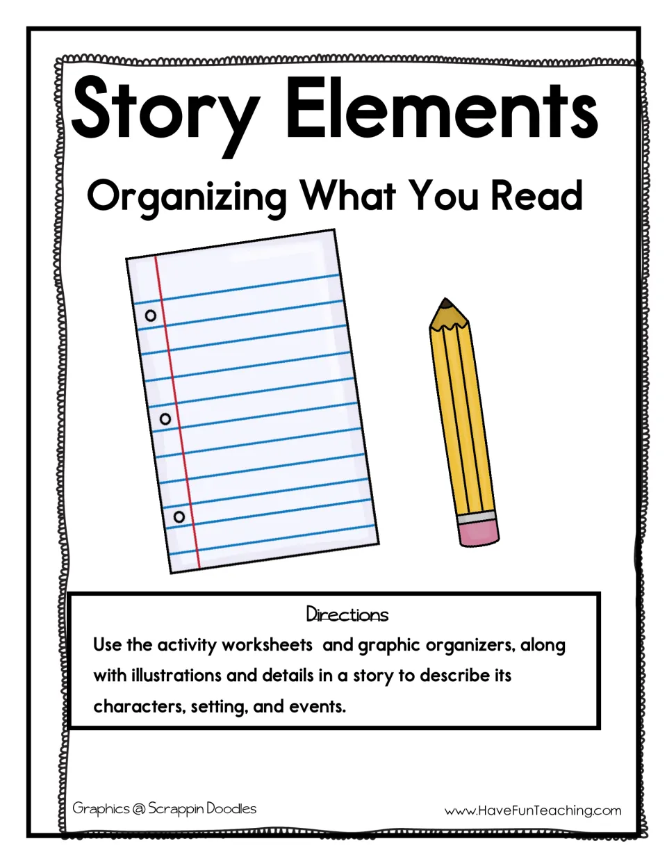 Story Elements: Organizing What You Read cover, with directions to describe a story's characters, setting and events