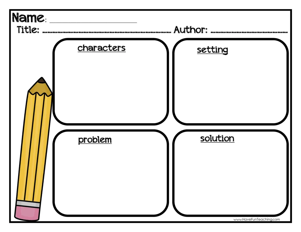 Story map: students record a book's title and author, then its characters, setting, problem and solution
