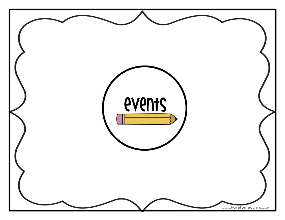 Events mat: students write or draw what happens in a story in the open space around the heading