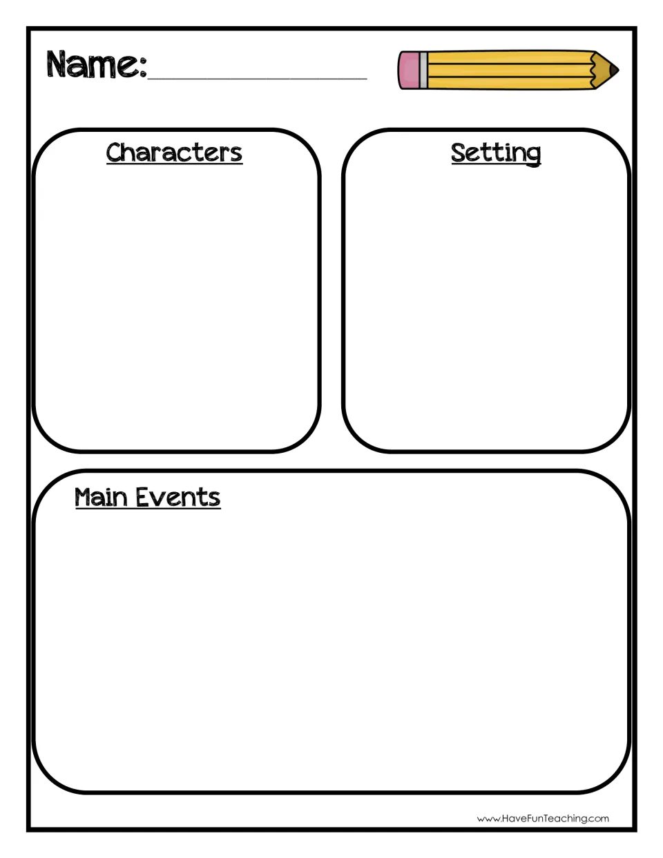 Story elements organizer: students note a story's characters and setting, then list its main events