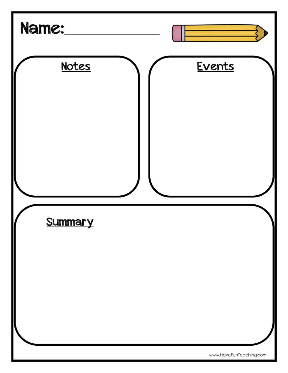 Summarizing organizer: students take notes and list events from a story, then write a summary of it