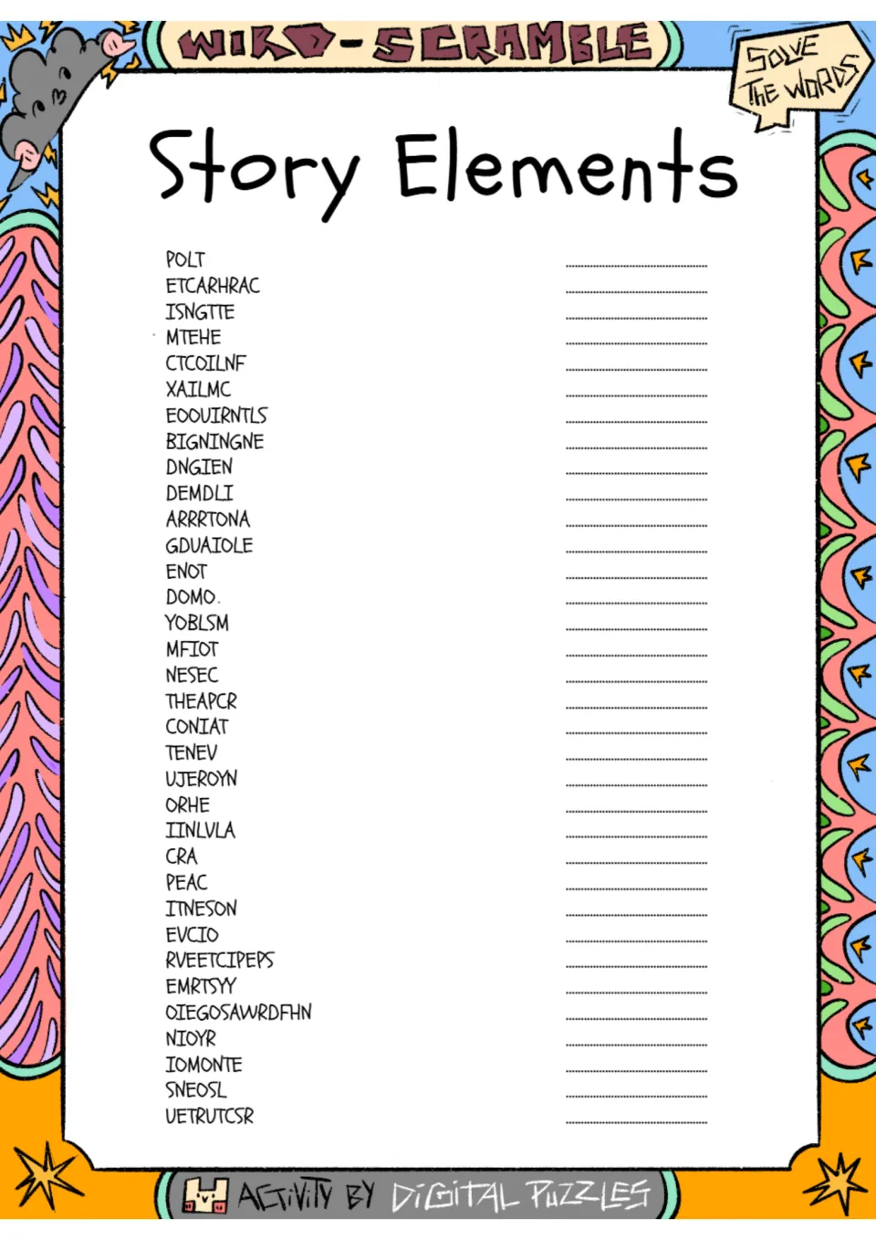 Story elements word scramble: students unscramble 34 jumbled terms like POLT and ETCARHRAC and write each word out