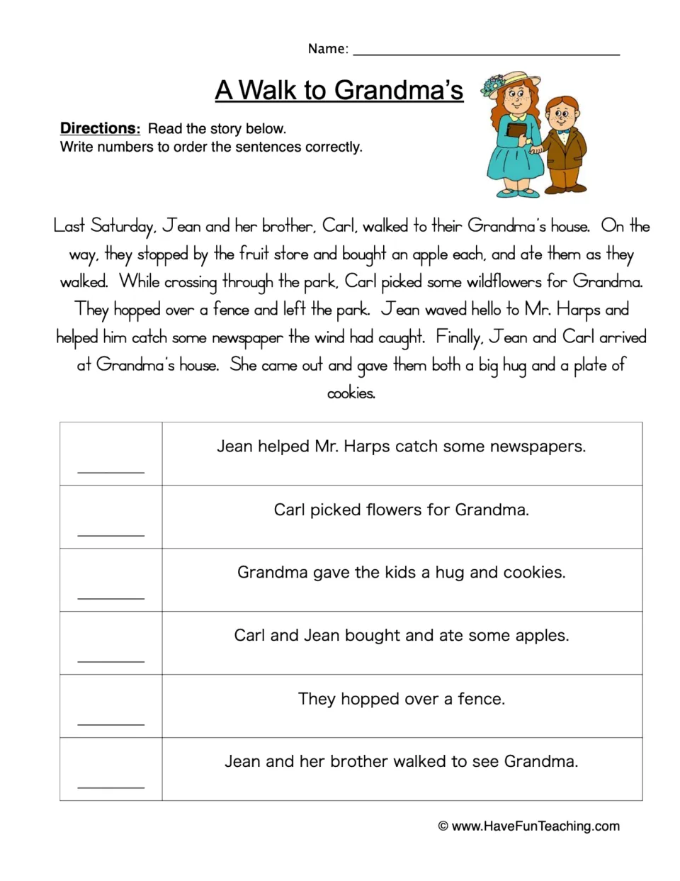 Sequencing worksheet: Jean and Carl walk to Grandma’s house, followed by six story events to number in order.