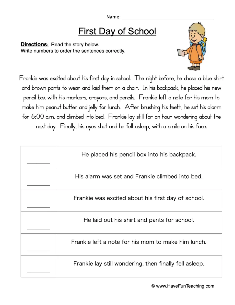 First Day of School sequencing: students read a short story about Frankie and number six sentences in story order