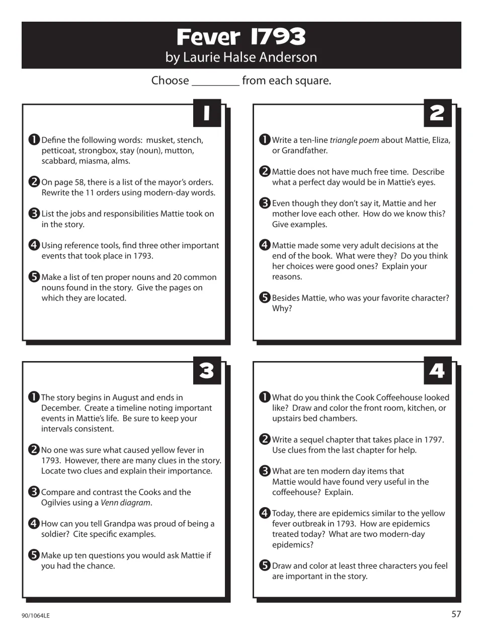 Fever 1793 Story Square: 20 choices, including a triangle poem, a Venn diagram and a sequel set in 1797
