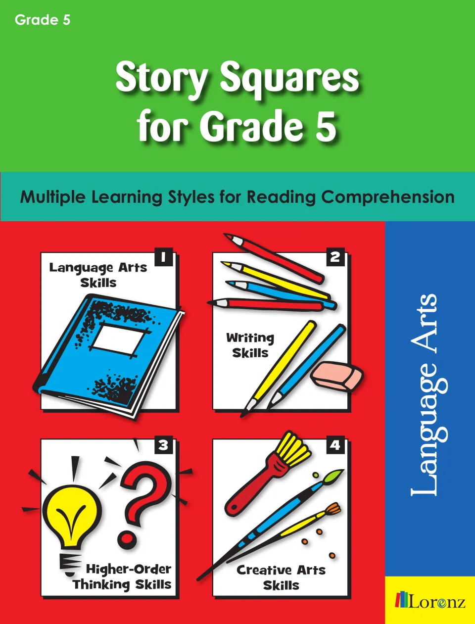 Story Squares cover with four squares: language arts, writing, higher-order thinking and creative arts skills