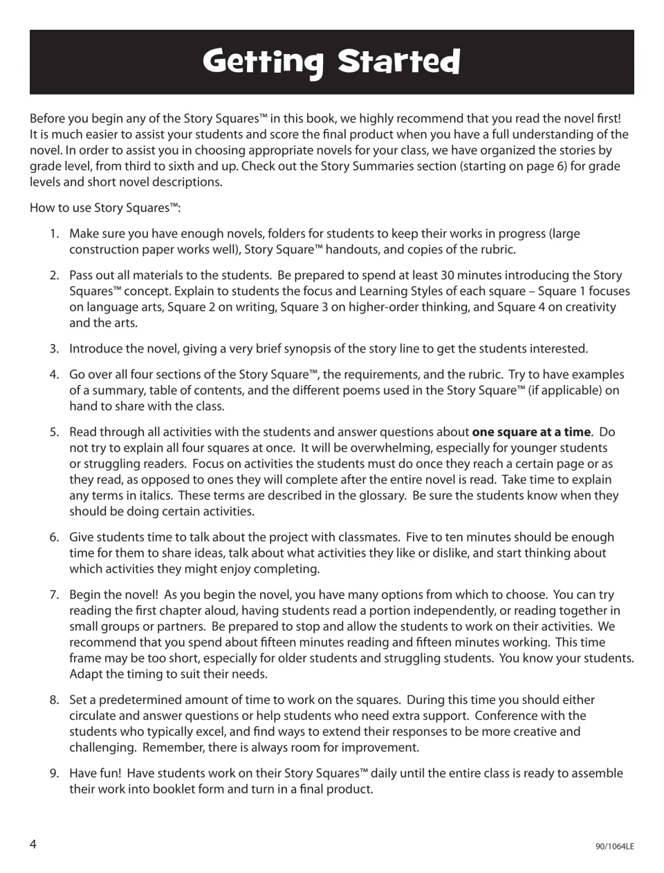 Getting Started, part 1: read the novel first, then nine numbered steps for introducing and running Story Squares