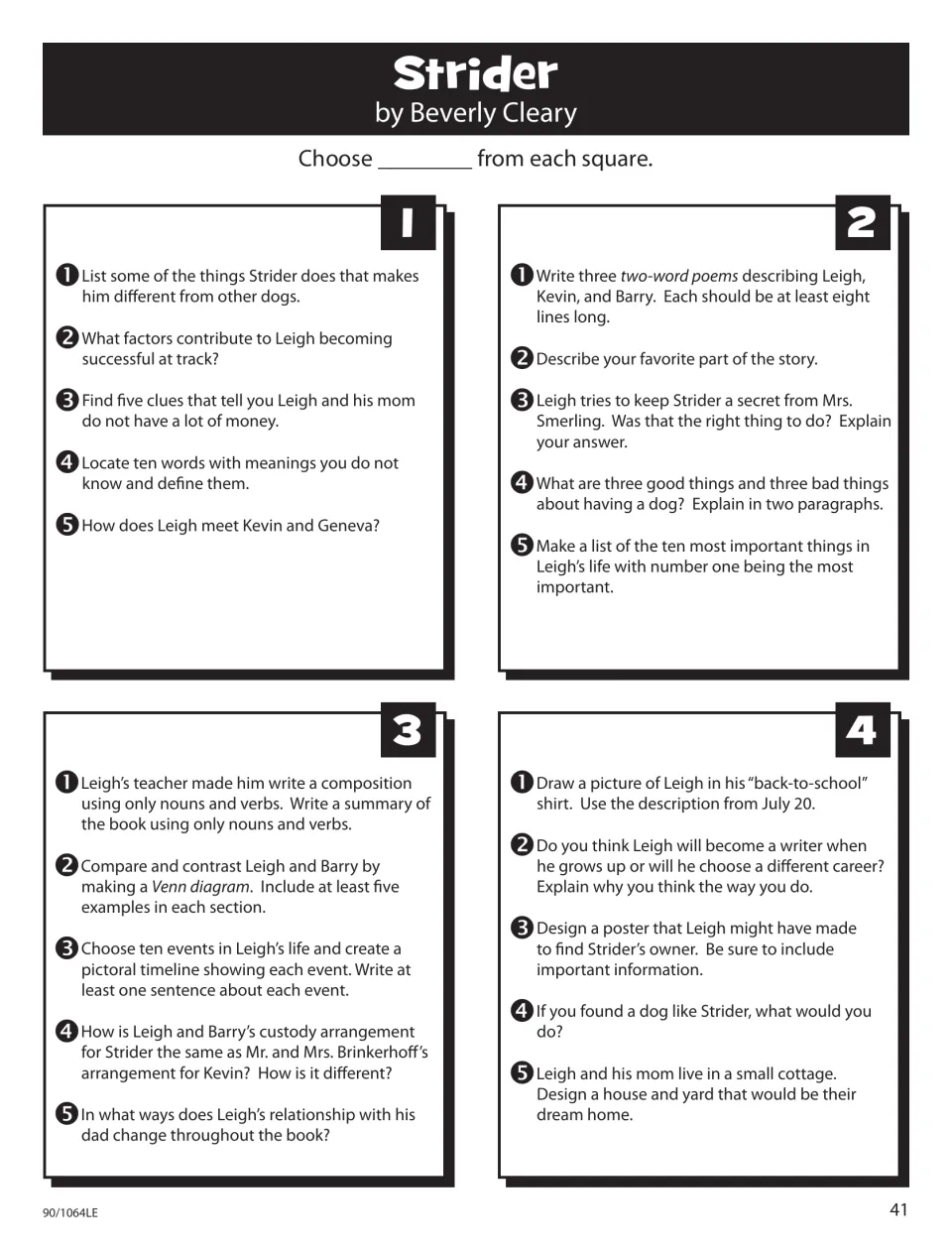 Strider Story Square: 20 activities in four squares, such as two-word poems and a Leigh and Barry Venn diagram