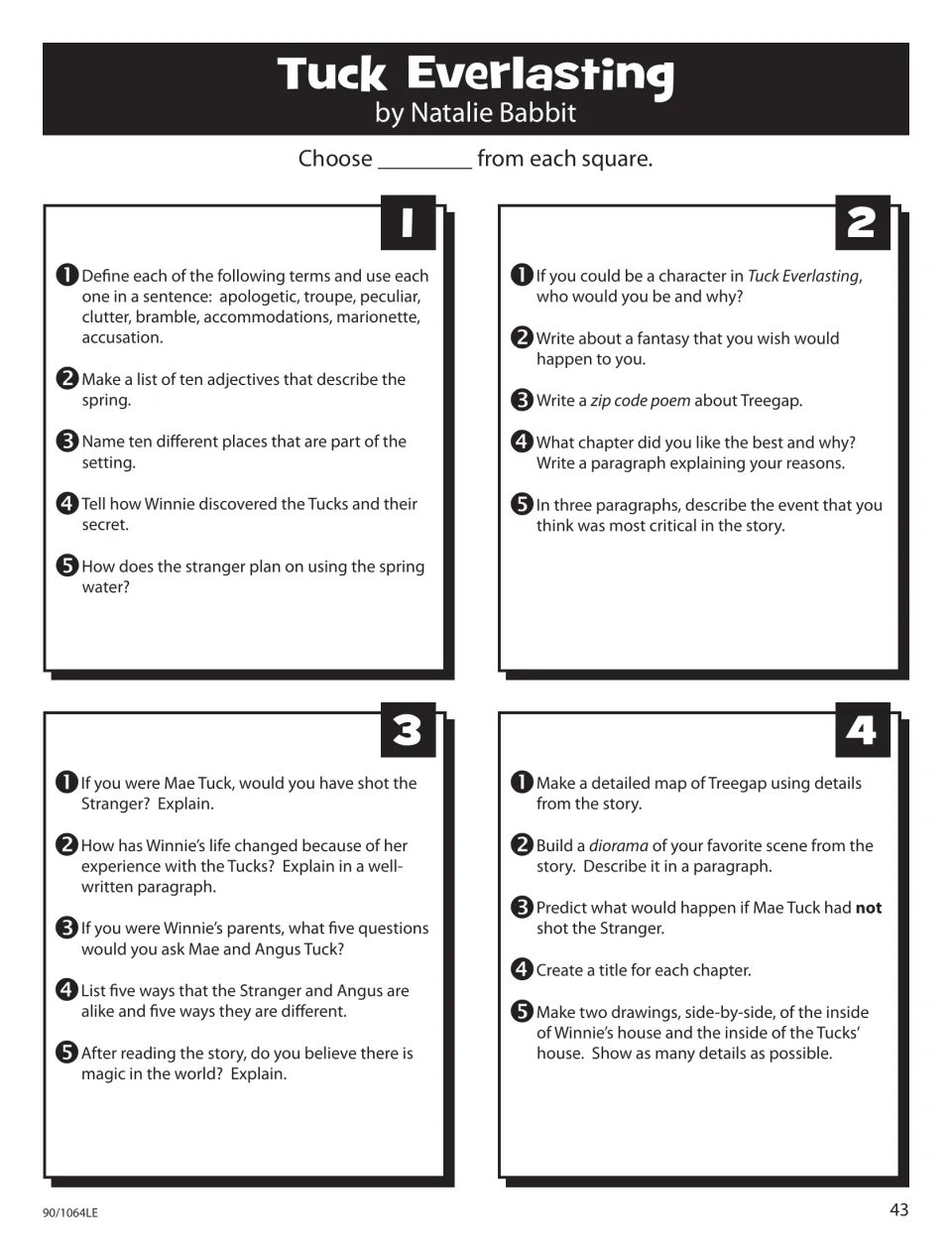 Tuck Everlasting Story Square: 20 activities, such as a zip code poem about Treegap and a diorama of a scene