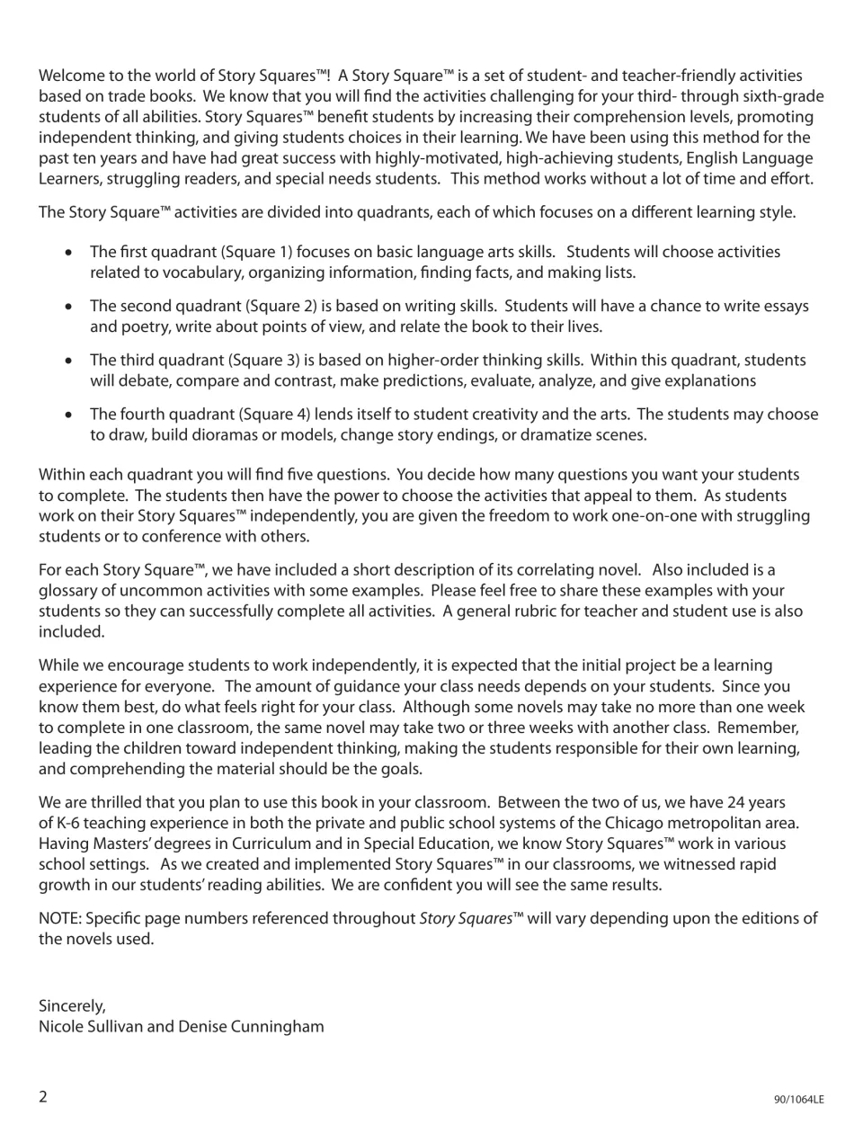 Authors' welcome letter explaining the four Story Square quadrants by learning style, with five questions in each