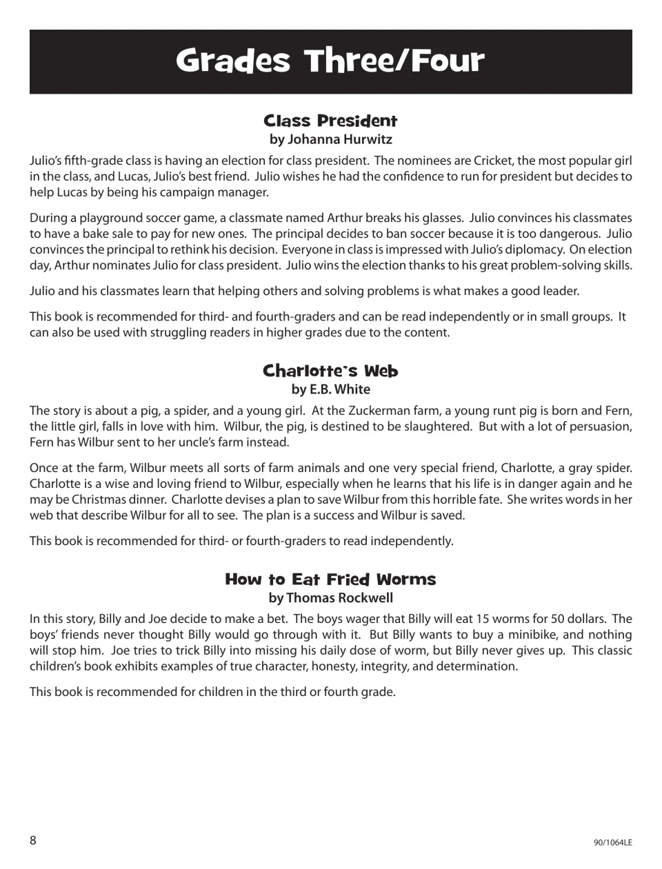 Summaries of Class President (Hurwitz), Charlotte's Web (E.B. White) and How to Eat Fried Worms (Rockwell)