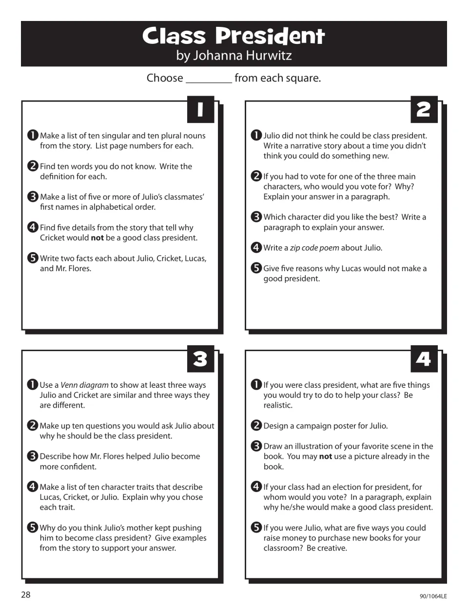 Class President Story Square: 20 activities, including a zip code poem about Julio and a campaign poster