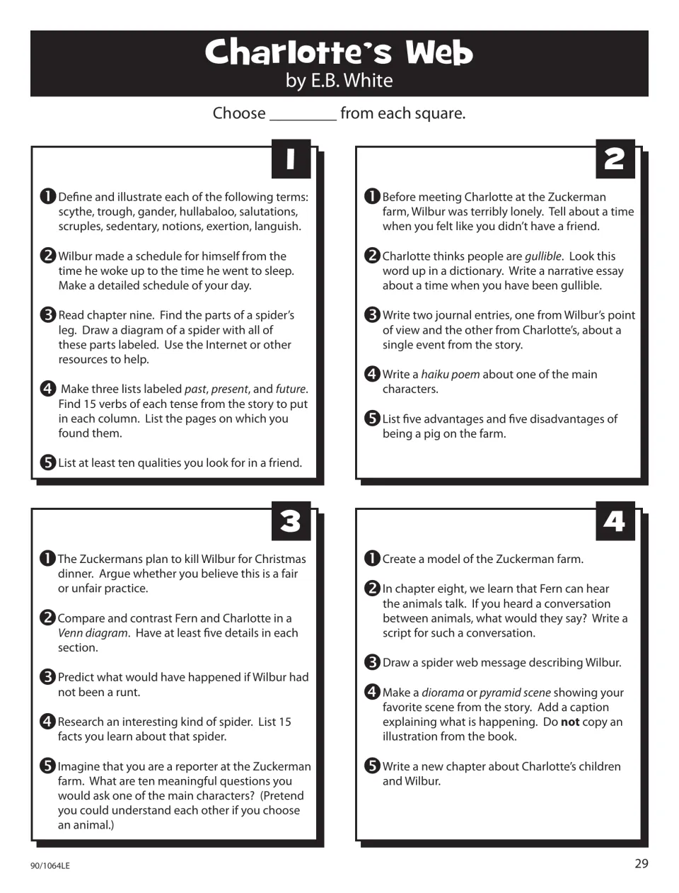 Charlotte's Web Story Square: 20 activities, from defining scythe and hullabaloo to a model of the Zuckerman farm