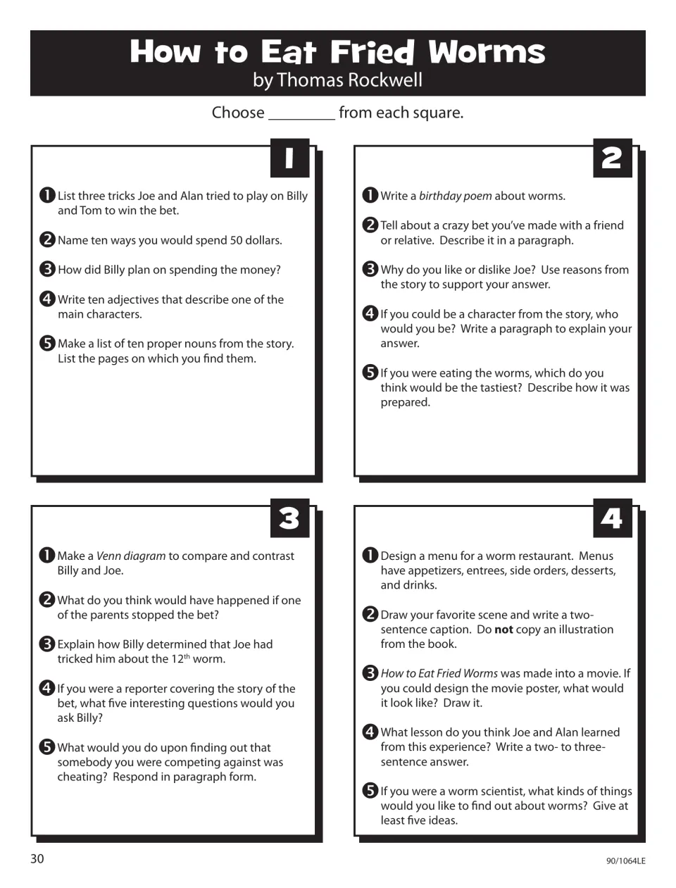 How to Eat Fried Worms Story Square: 20 activities, such as a birthday poem about worms and a worm restaurant menu