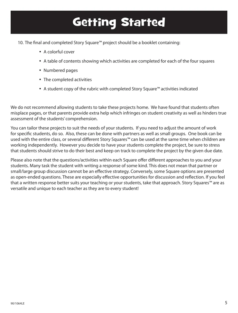 Getting Started continuation lists final booklet requirements and ways to adapt projects for student needs.
