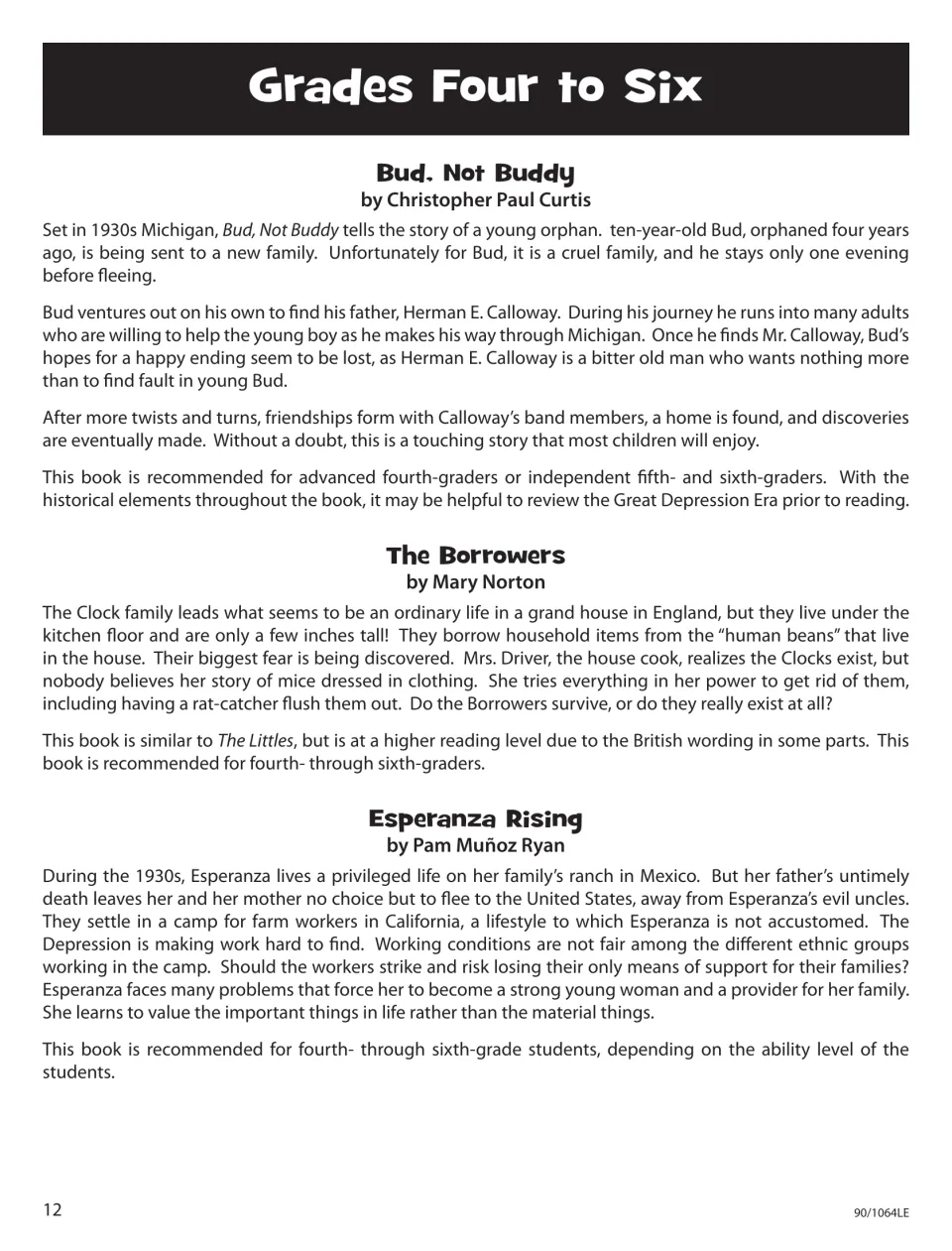 Novel summaries introduce Bud, Not Buddy, The Borrowers, and Esperanza Rising with reading recommendations.