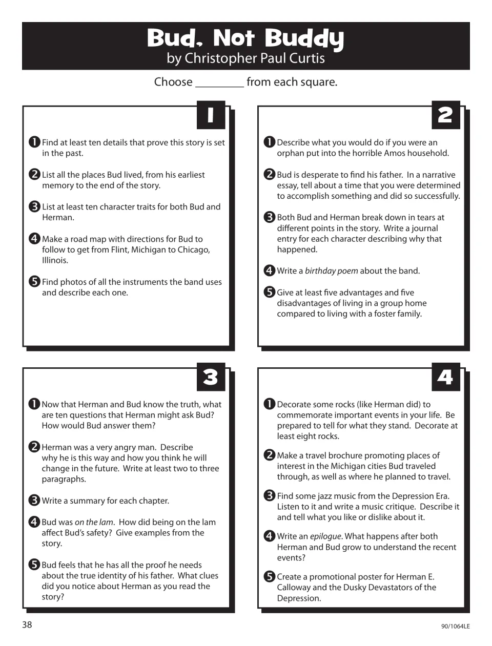 Bud, Not Buddy activity sheet offers 20 choices, including character traits, journal entries, and a jazz critique.
