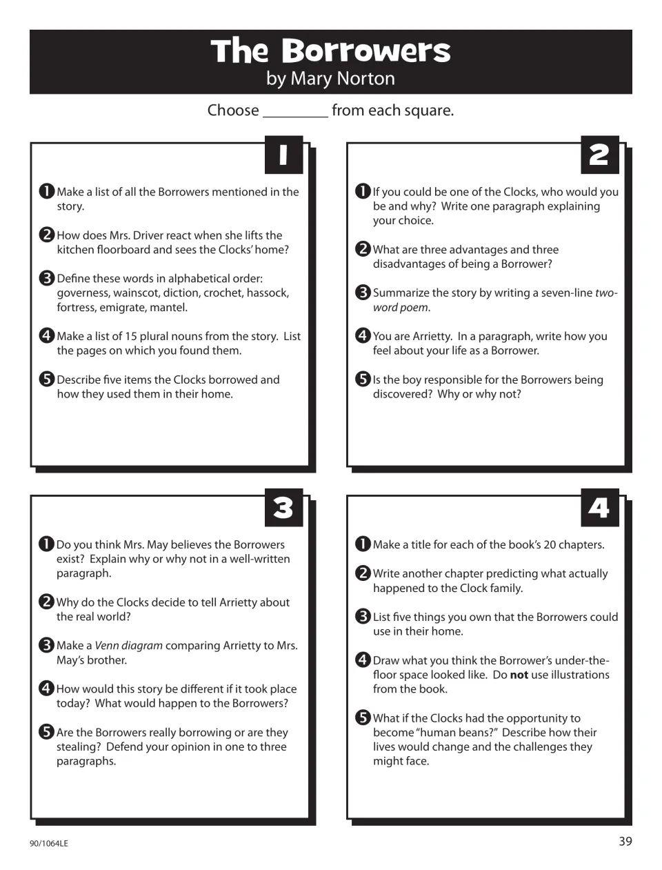 The Borrowers activity sheet offers 20 choices, including vocabulary, a poem, comparisons, and a home drawing.