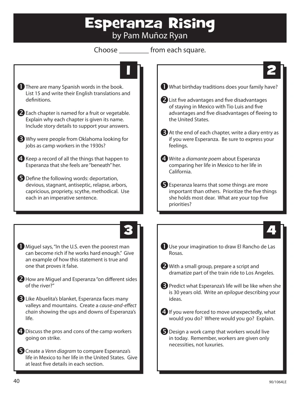 Esperanza Rising activity sheet offers 20 choices, including Spanish words, diary entries, and dramatization.