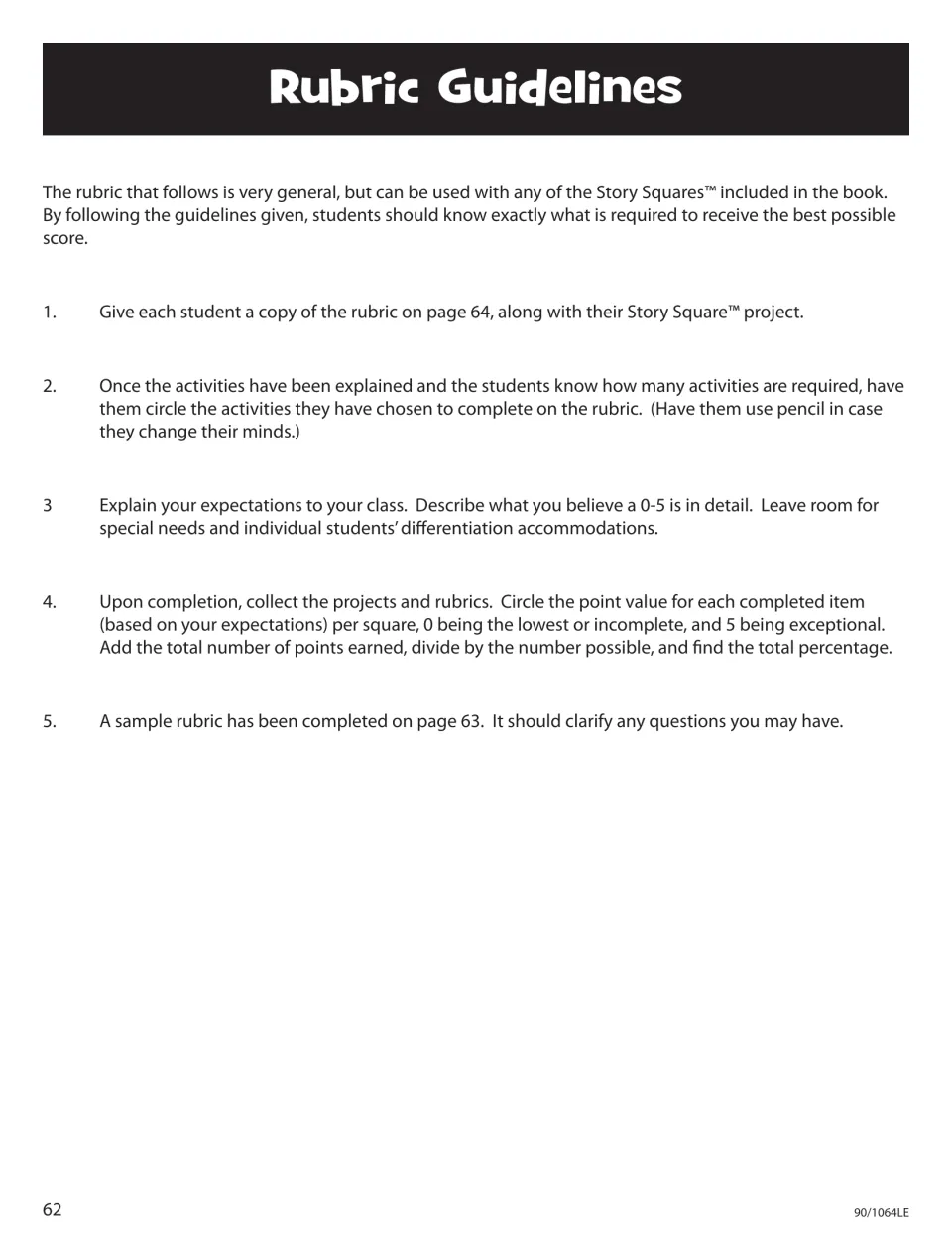 Rubric Guidelines explain selecting activities, setting expectations, and scoring completed work from 0 to 5.