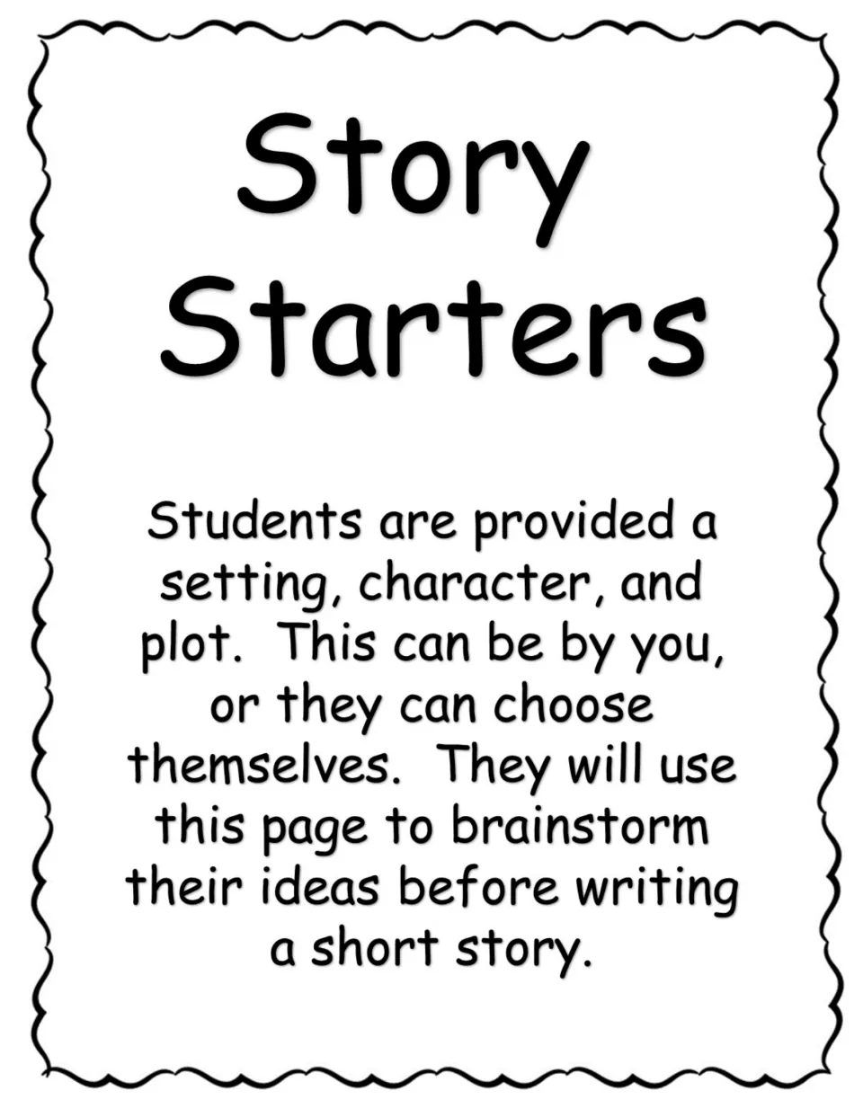 Cover introducing story brainstorming with a setting, character, and plot assigned or chosen by students.