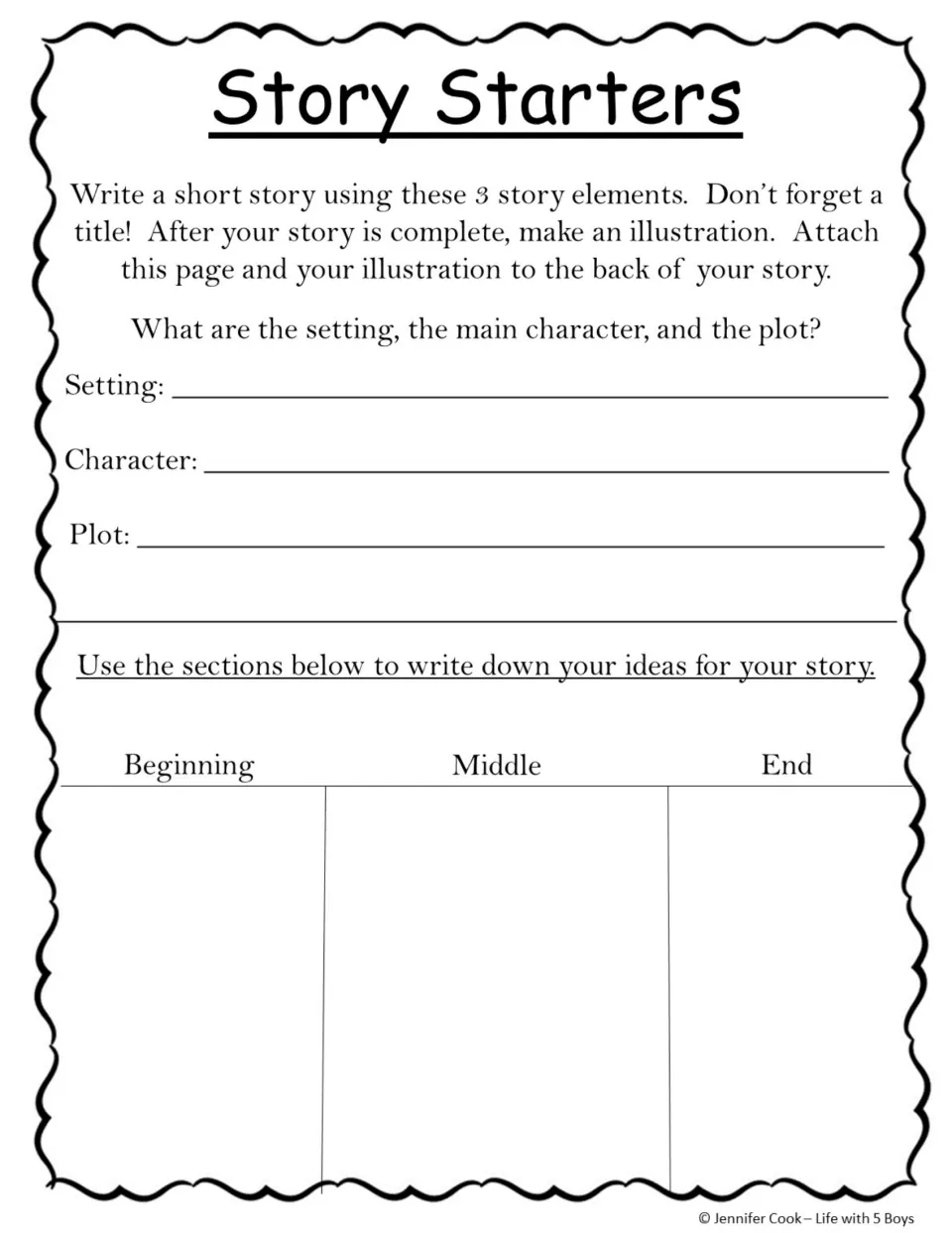 Story planning sheet for setting, character, plot, and beginning, middle, and end ideas before writing.