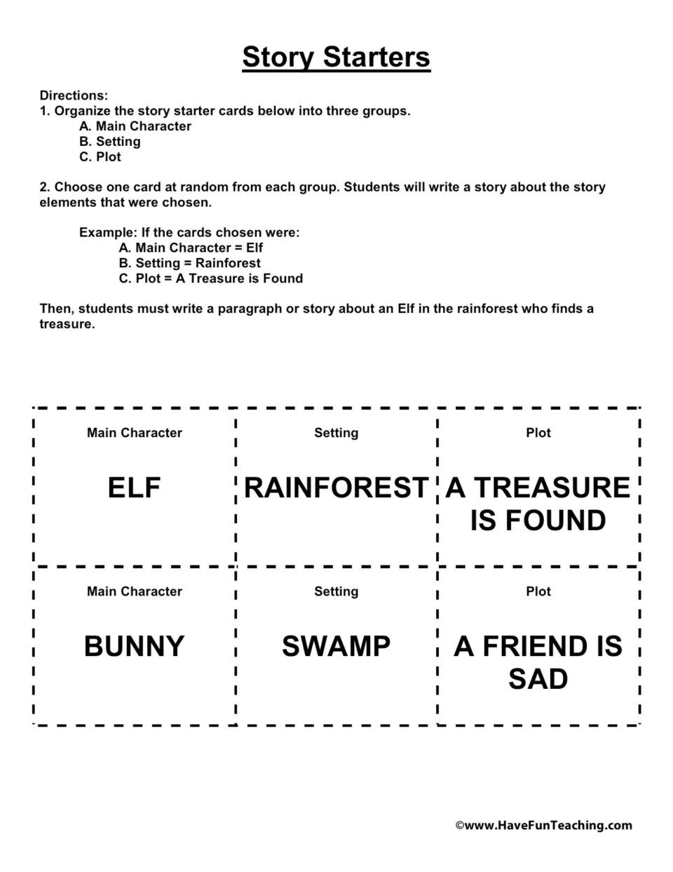 Story Starters directions: sort cards into character, setting and plot, draw one of each, then write a story