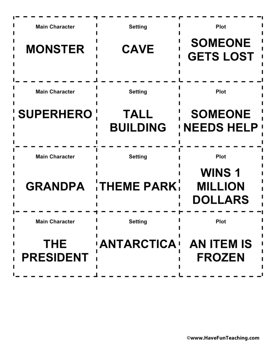 Story element cards to cut out: monster or grandpa characters, cave or Antarctica settings, plots like someone gets lost