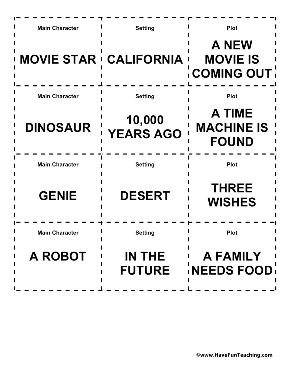 More character, setting and plot cards to cut out: genie, robot, desert, in the future, a time machine is found