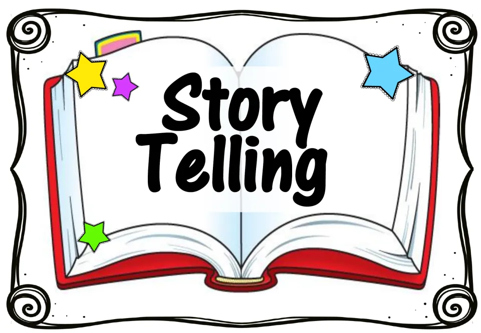Story Telling title poster: the heading on an open red storybook with colorful stars, opening the story elements set