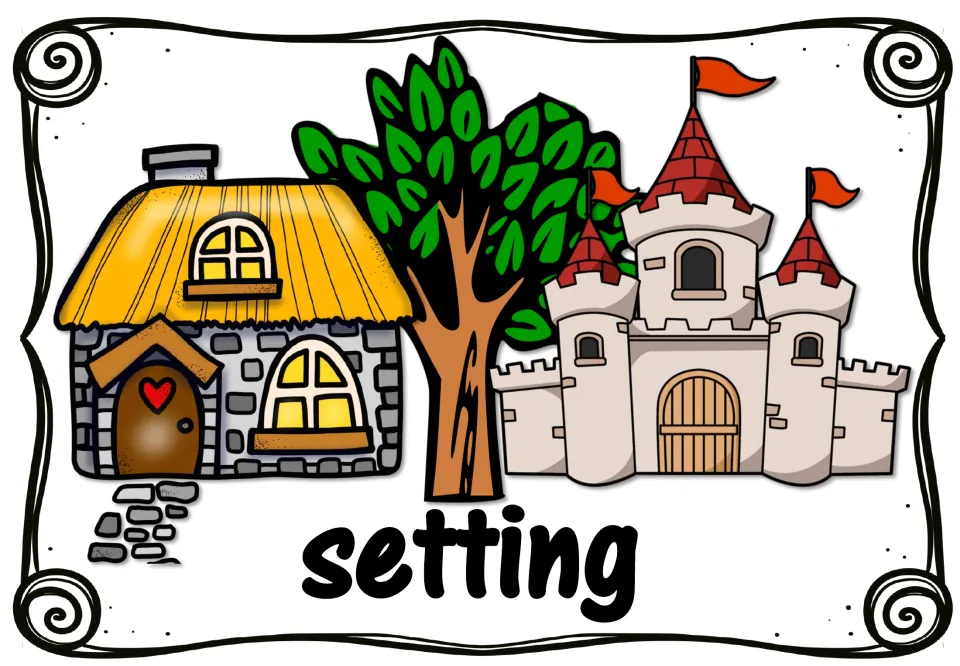 Setting poster for story elements: a thatched cottage, a tree and a castle with flags show where a story takes place