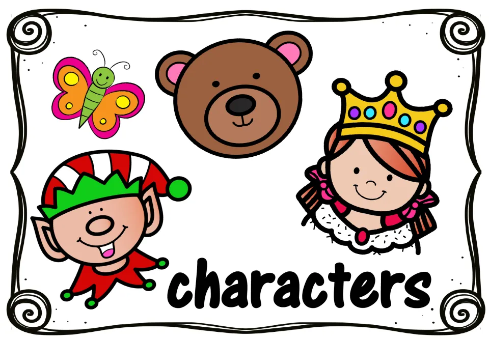 Characters poster for story elements: a butterfly, a bear, an elf and a crowned princess show who a story can be about