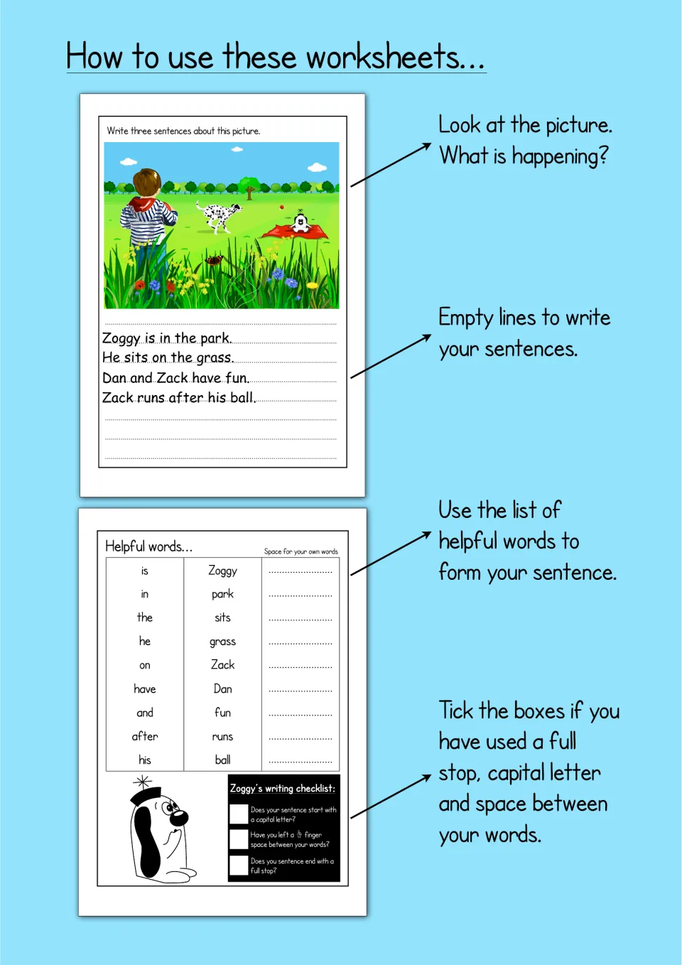 How to use these worksheets: look at the picture, write sentences, use the helpful words and tick the self-check list
